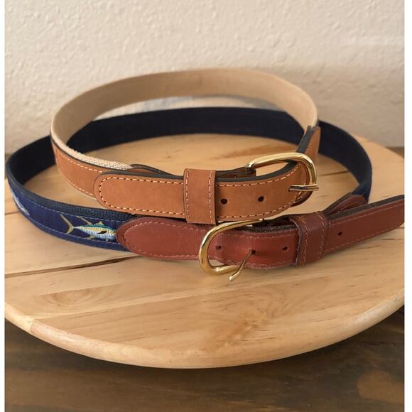 2 West Marine Mens Belt Size 34 Brass Buckle Leather Canvas Fish - Picture 1 of 7